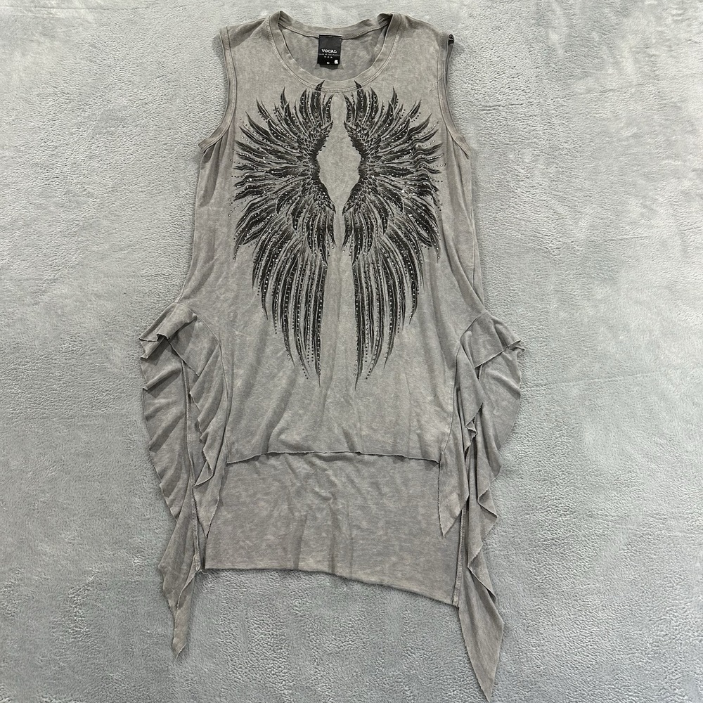 Vocal USA Sleeveless Top Blouse Women M Gray Angel Wings Ruffle Y2K Punk